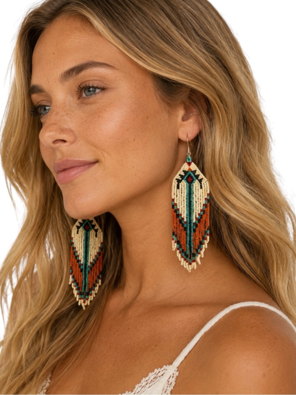Boho 5" Beaded Fringe Earrings Burnt Orange Teal Geometric Drop